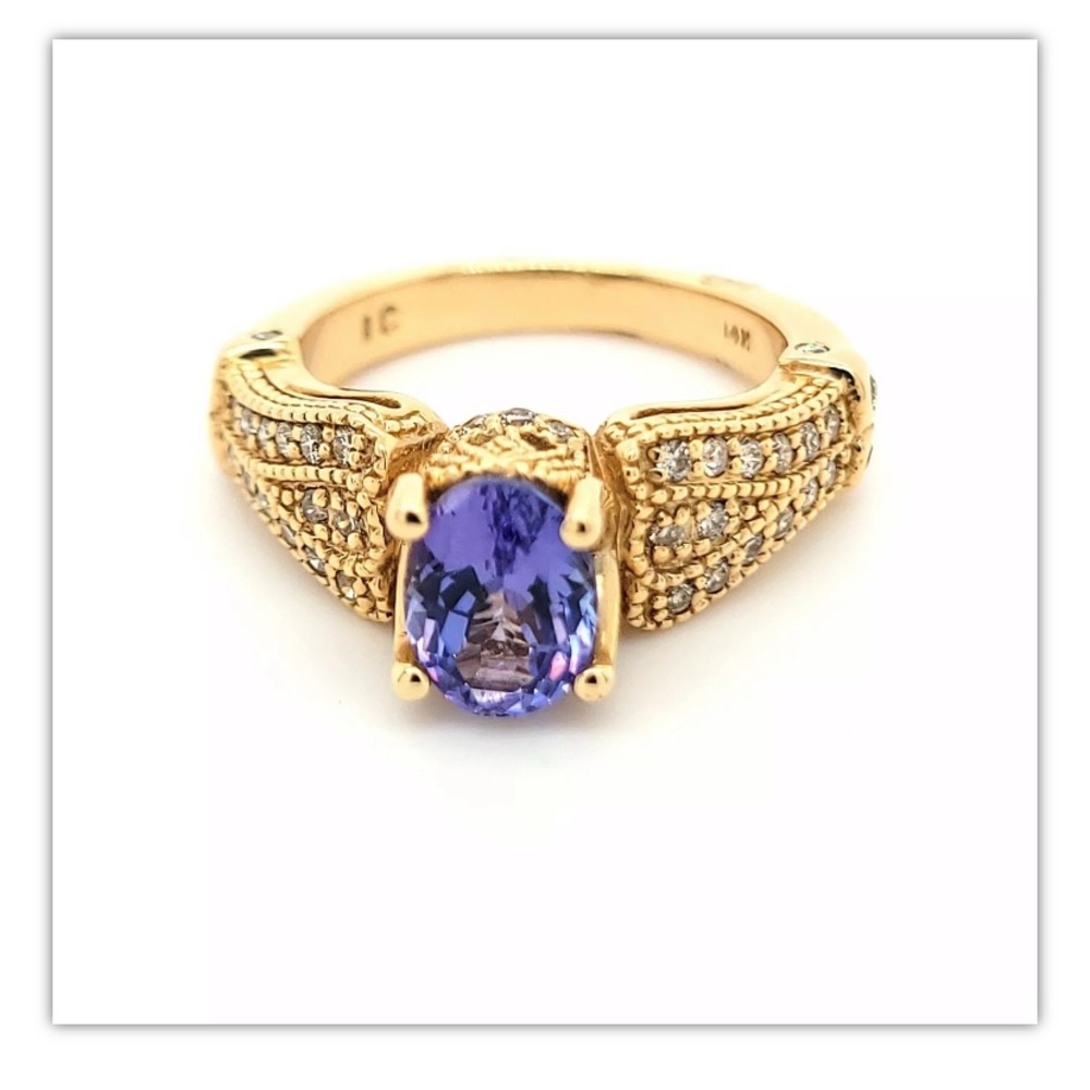 14K Yellow Gold Oval 1.56 Genuine Natural Tanzanite And Diamond Ring Size 7 NWT